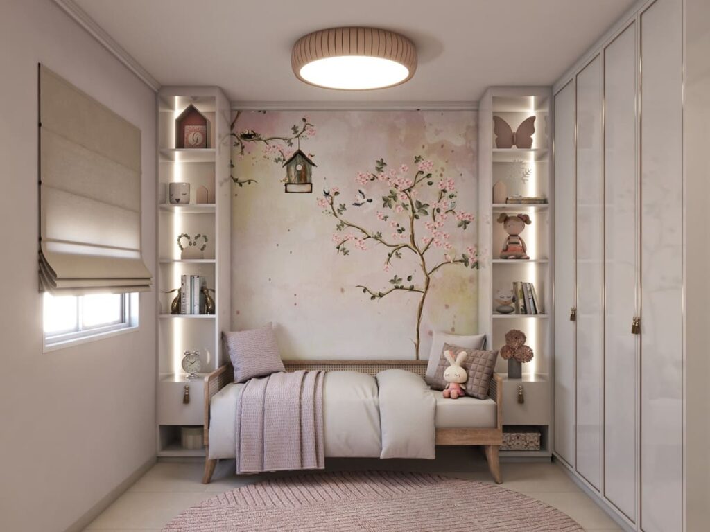 Quarto infantil com parede decorada com Cerejeira e plafon Accord